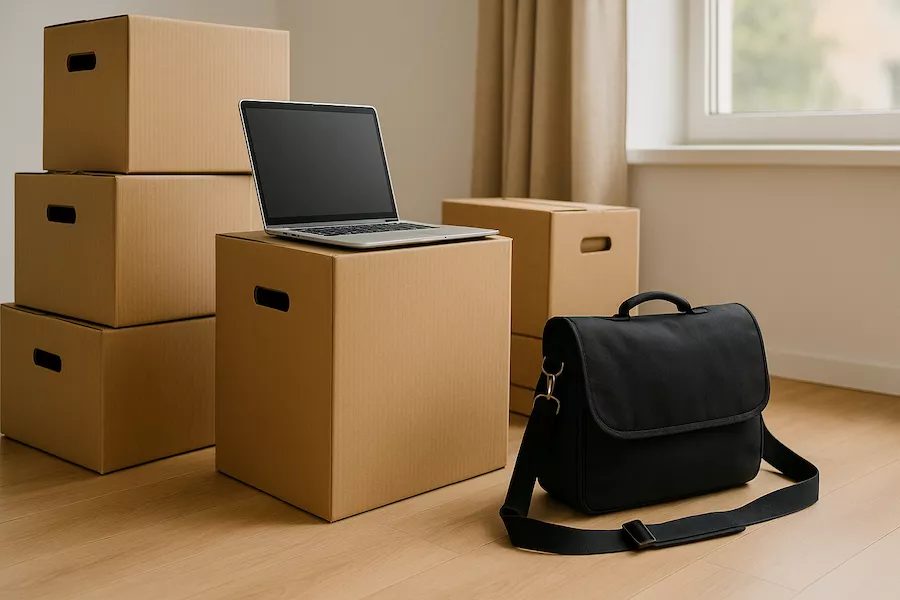 Flyttkartonger, dator och jobbväska – flytt för nytt jobb i annan stad